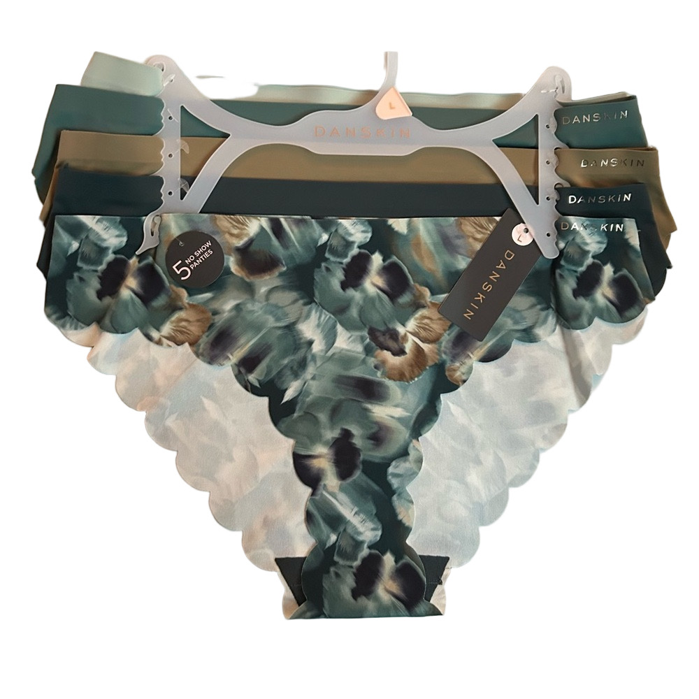 Danskin Woman’s No Show Panties Scallop trim Teal and Beige Set of 5 Large NWT